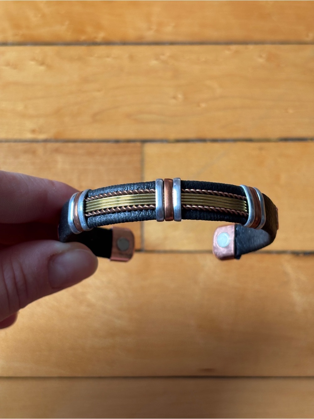 NWOT Mixed-Metal Copper & Black Leather Wrapped Magnetic Cuff Bangle Bracelet - Picture 6 of 16